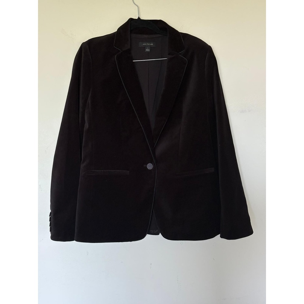 Ann Taylor Black Velvet Single Button Blazer Jacket Size 4 Piped Trim Lined